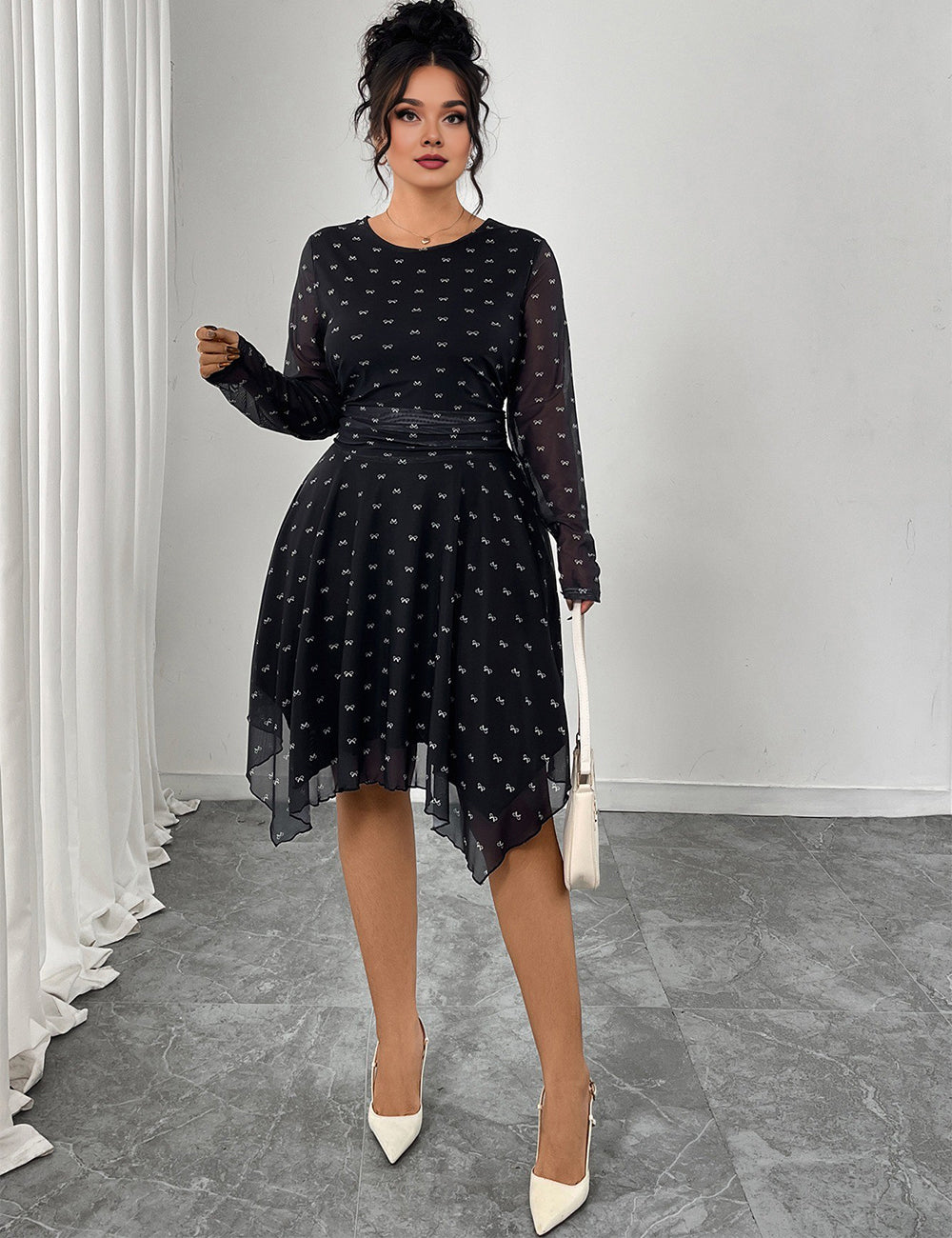 Women Plus Size Black Bow Print Chiffon A-Line Dress
