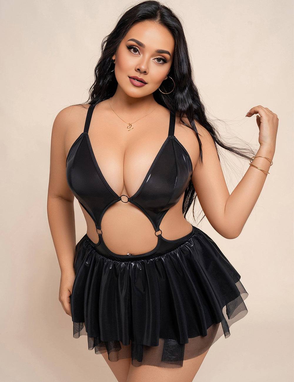 Women Plus Size Black Cut-Out Faux Leather Babydoll