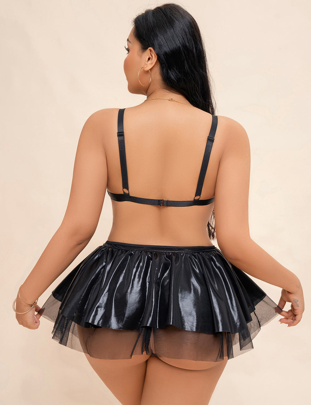 Women Plus Size Black Cut-Out Faux Leather Babydoll
