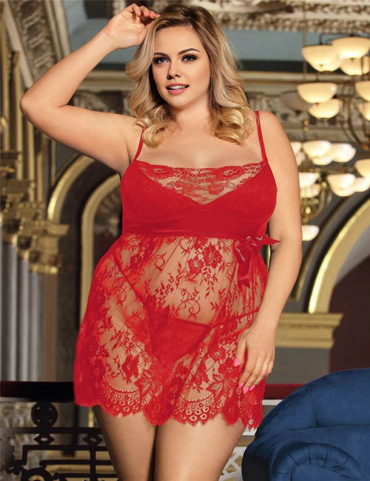 Women Plus Size Black Eyelash Lace Babydoll