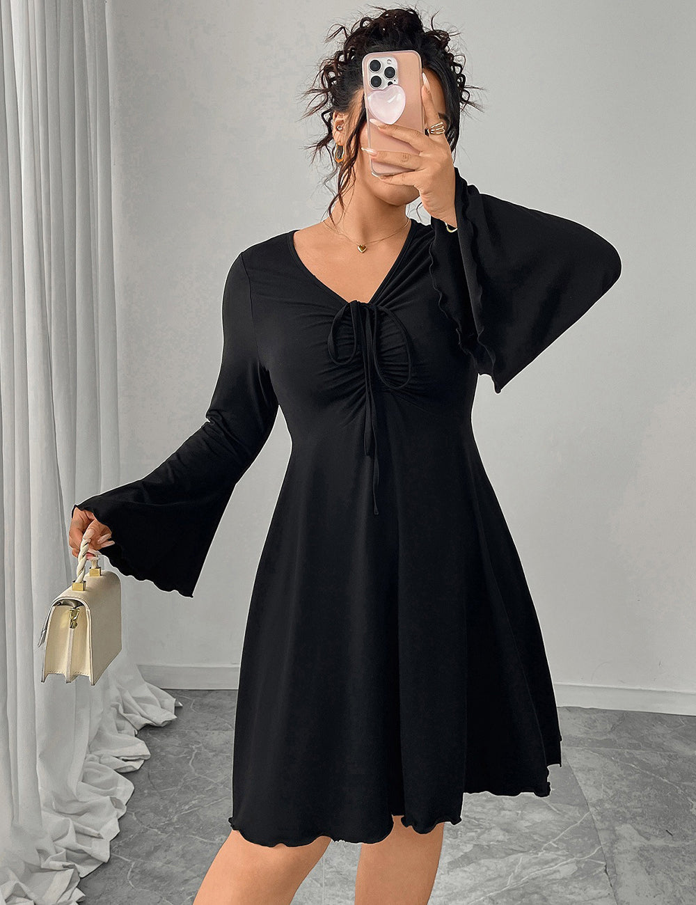 Women Plus Size Black Flare Sleeve Dress