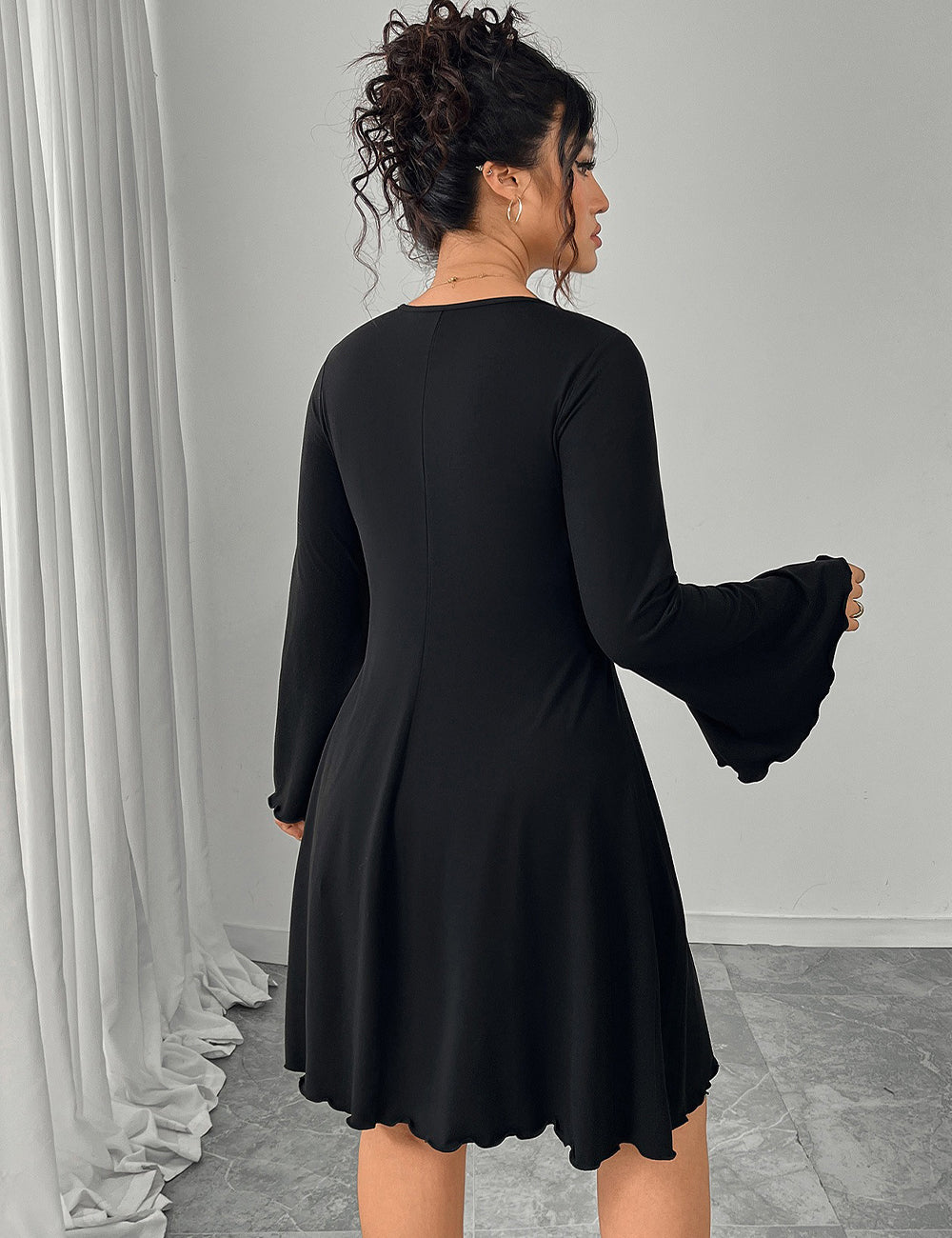 Women Plus Size Black Flare Sleeve Dress