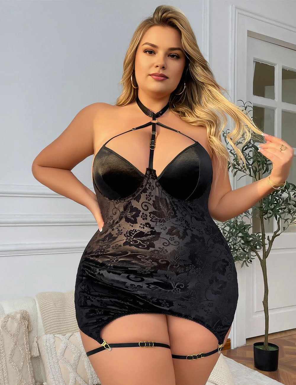 Women Plus Size Black Jacquard Halter Neck Babydoll