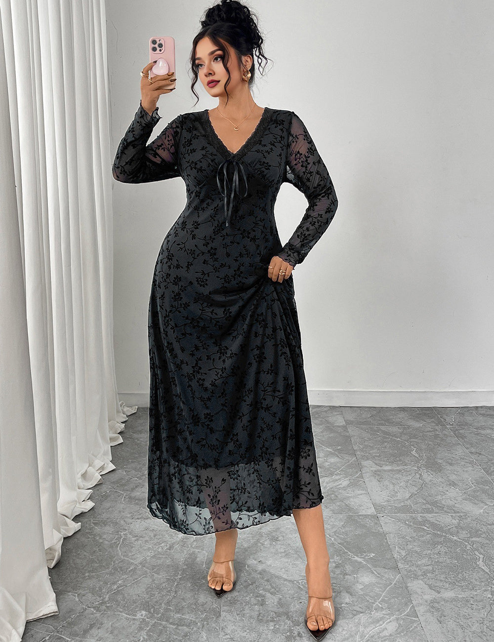 Women Plus Size Black Jacquard Mesh Patchwork V-Neck Maxi Dress
