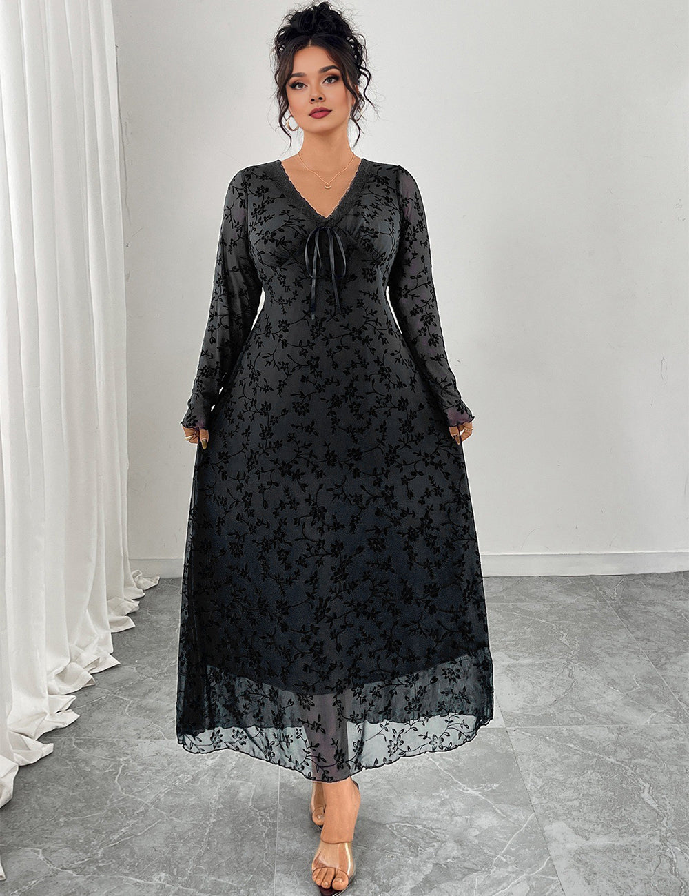 Women Plus Size Black Jacquard Mesh Patchwork V-Neck Maxi Dress