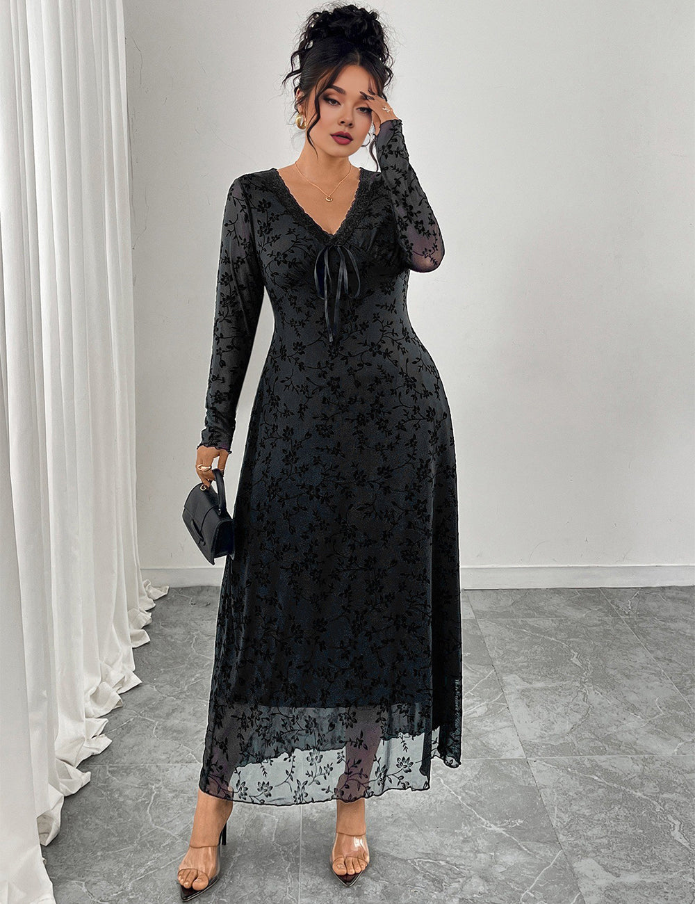 Women Plus Size Black Jacquard Mesh Patchwork V-Neck Maxi Dress