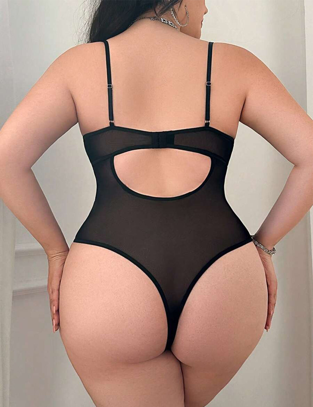 Women Plus Size Black Lace And Mesh Patchwork Bodysuit