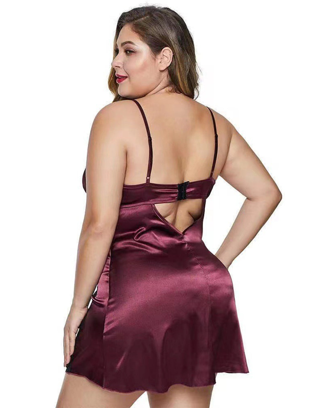 Women Plus Size Black Lace Panel Satin Babydoll