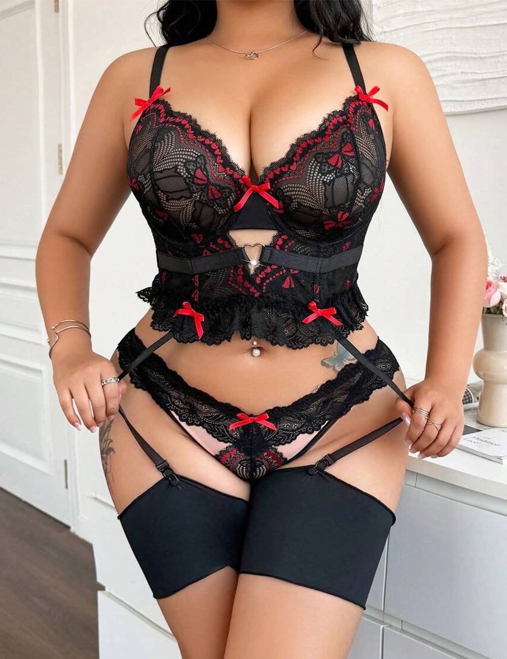Women Plus Size Black Lace Red Bow Lingerie Set