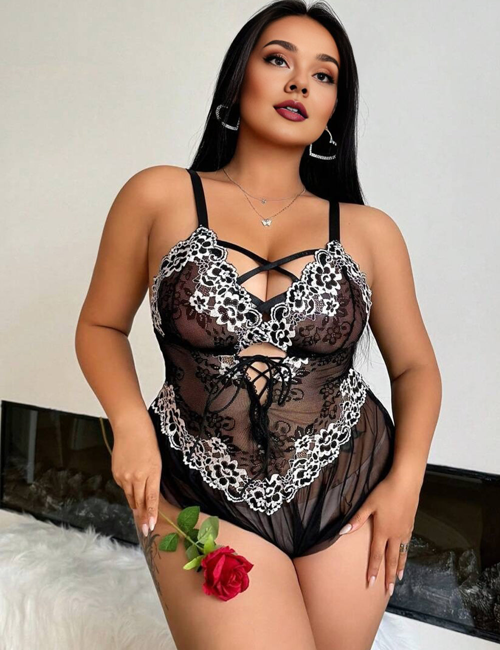 Women Plus Size Black Lace Teddy Lingerie