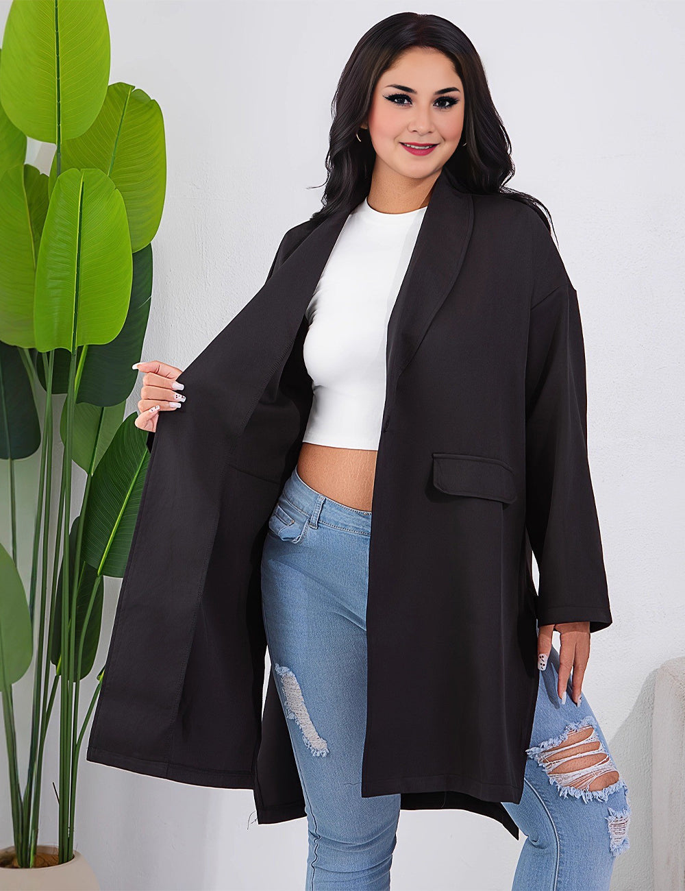 Women Plus Size Black Loose Blazer Split Long Sleeve Coat