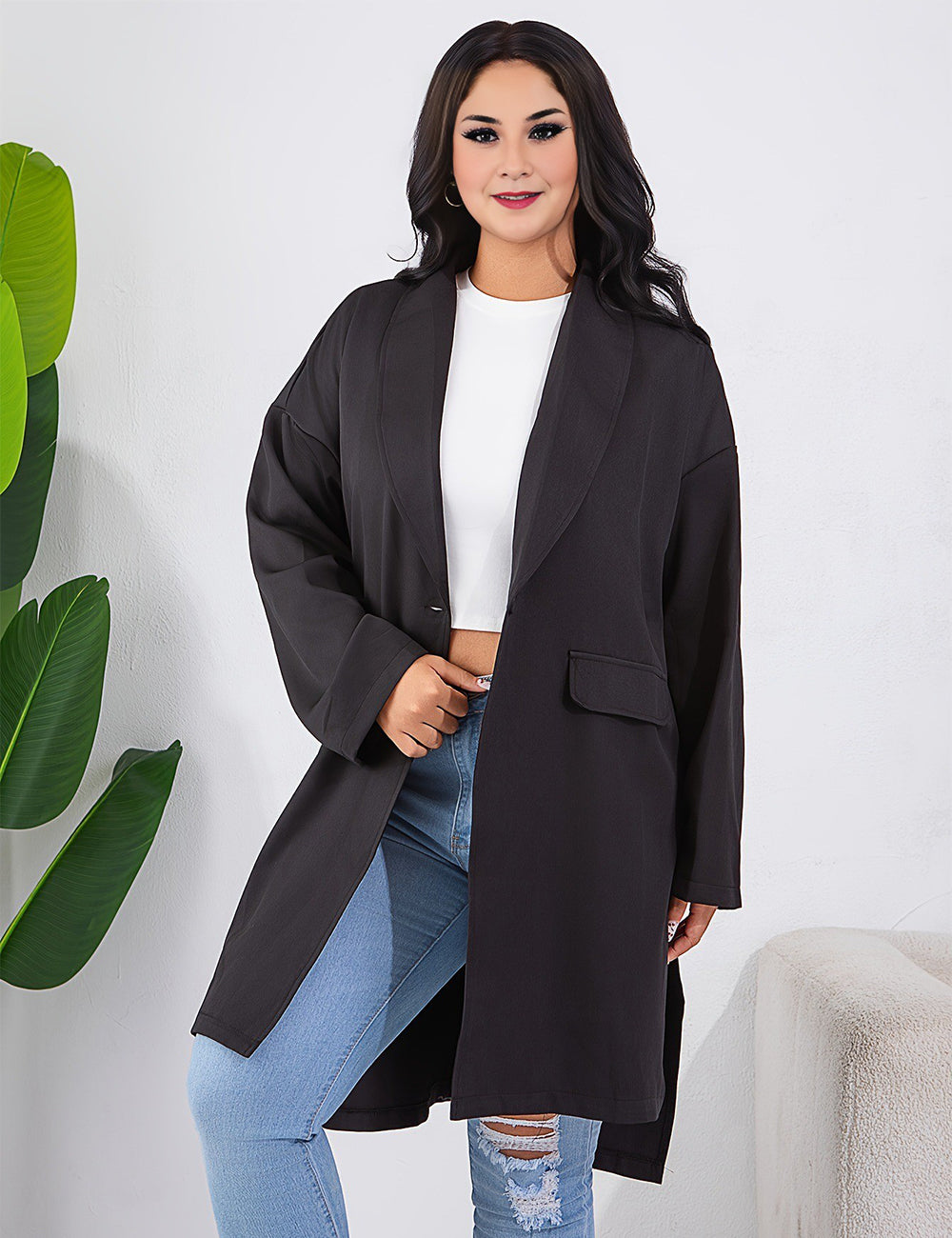 Women Plus Size Black Loose Blazer Split Long Sleeve Coat