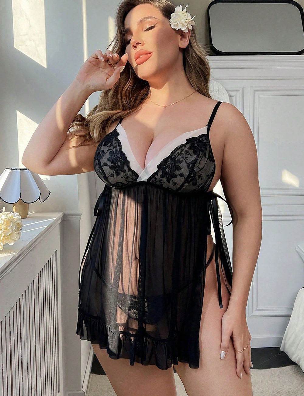 Women Plus Size Black Nightdress with High Side Slits - PRUSES