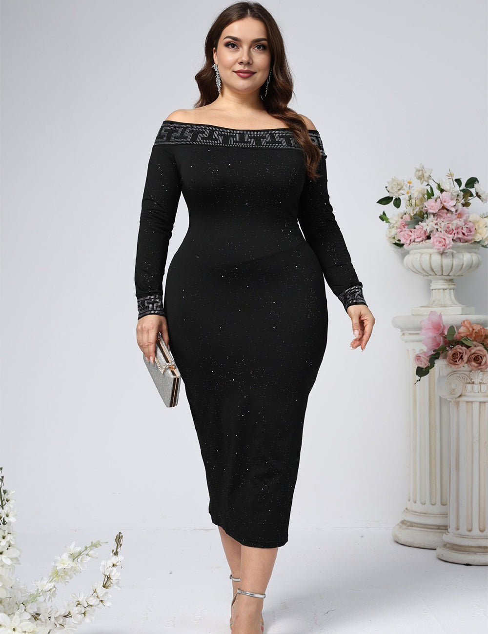 Women Plus Size Black Off-Shoulder Long Sleeve Bodycon Dress