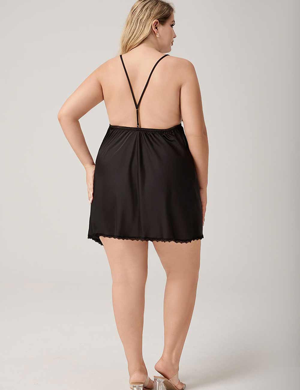 Women Plus Size Black Satin & Lace Nightgown back view