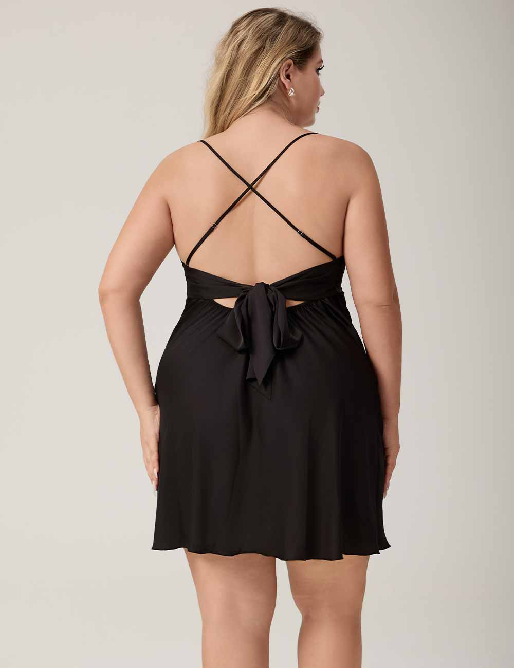 Women Plus Size Black Satin Slip Nightgown back view