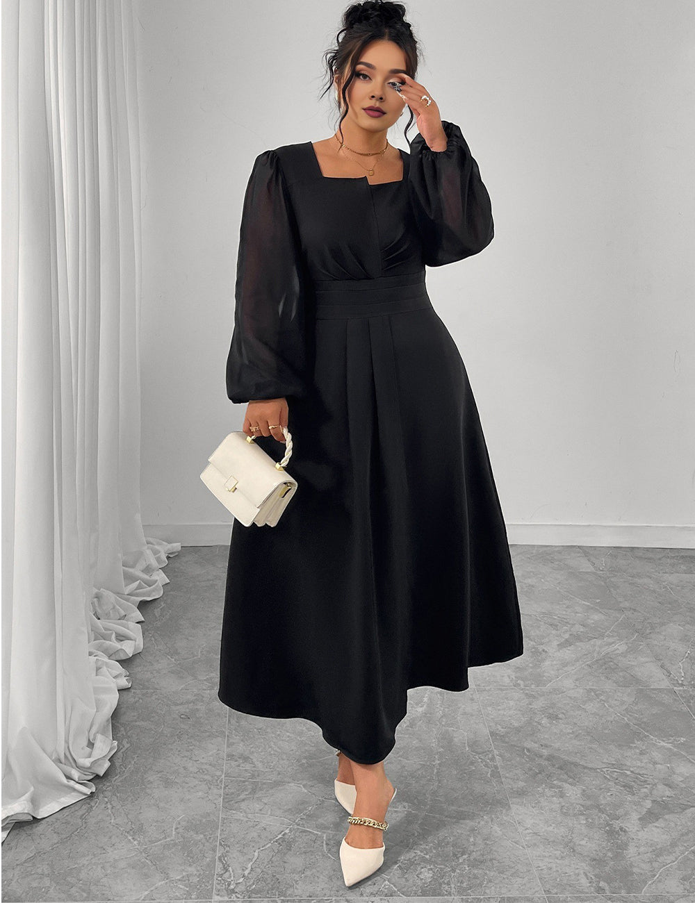 Women Plus Size Black Square Neck Chiffon Sleeve Maxi Dress