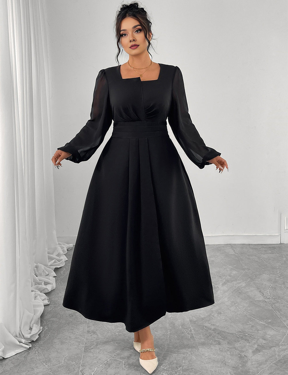 Women Plus Size Black Square Neck Chiffon Sleeve Maxi Dress