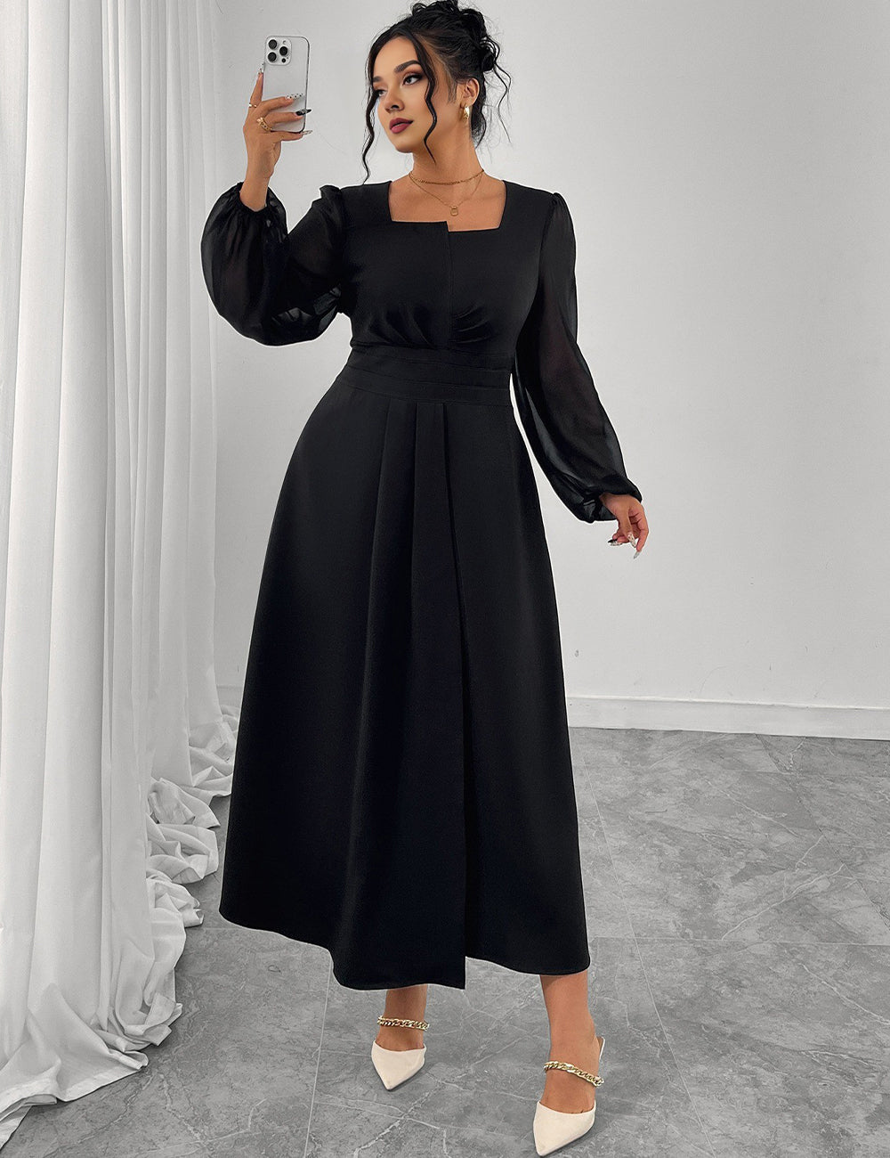 Women Plus Size Black Square Neck Chiffon Sleeve Maxi Dress