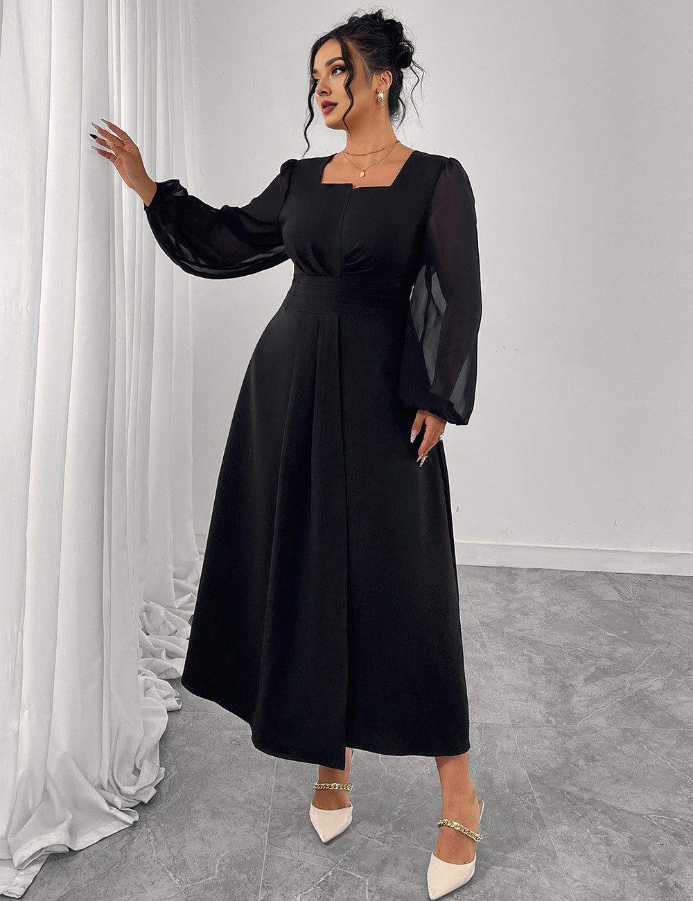 Women Plus Size Black Square Neck Chiffon Sleeve Maxi Dress