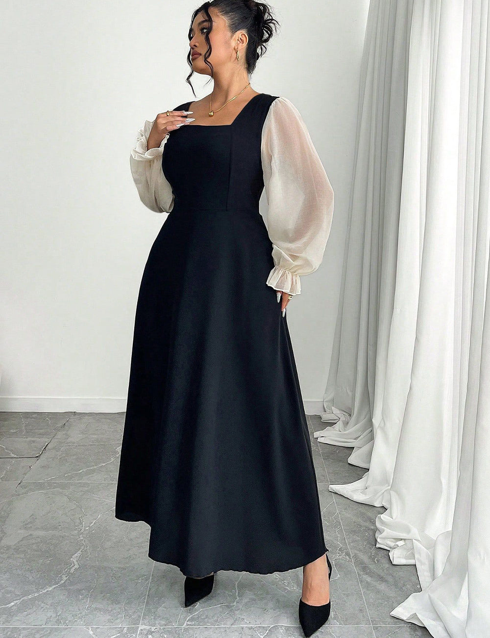 Women Plus Size Black Square Neck Sheer Sleeve Maxi Dress