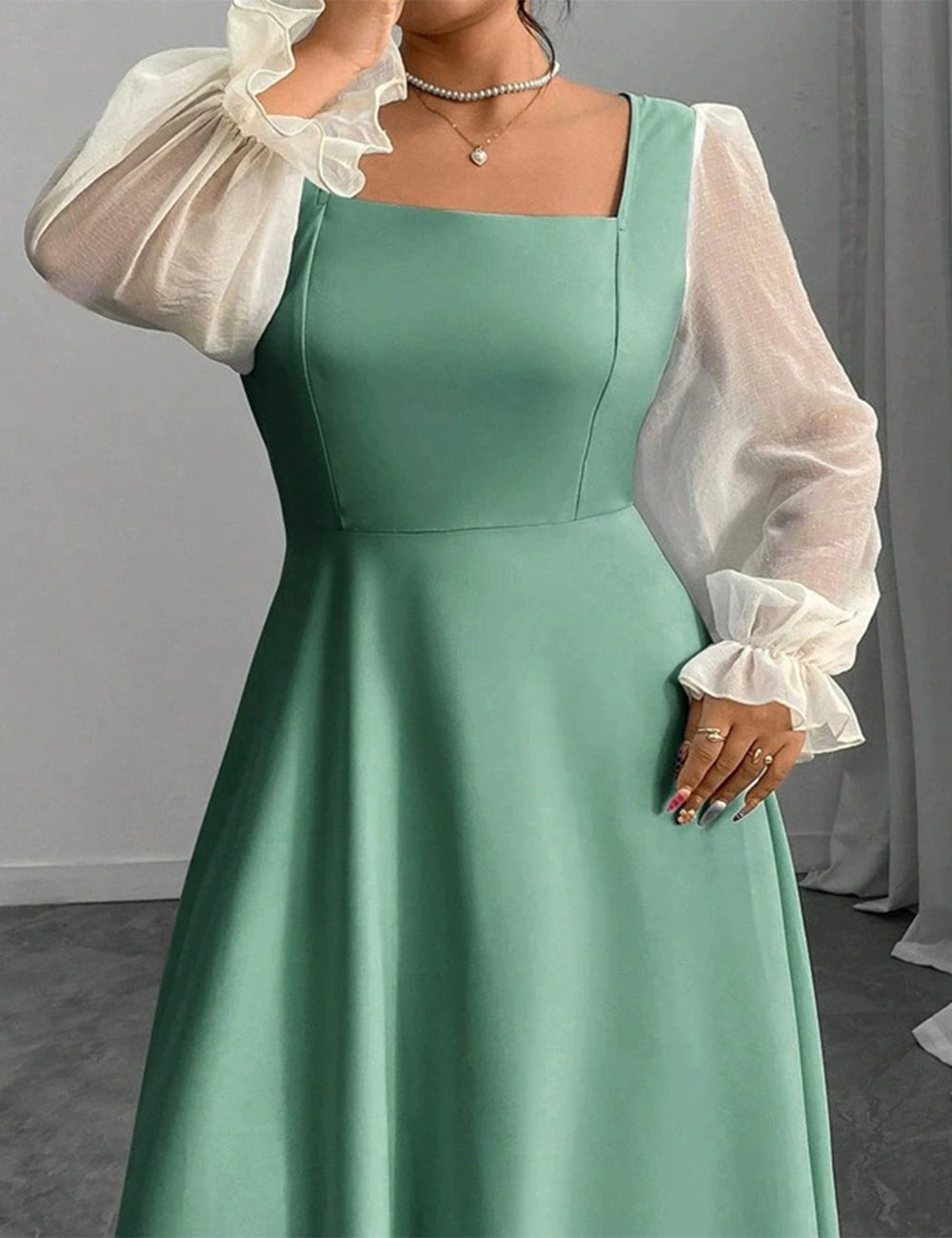 Women Plus Size Black Square Neck Sheer Sleeve Maxi Dress
