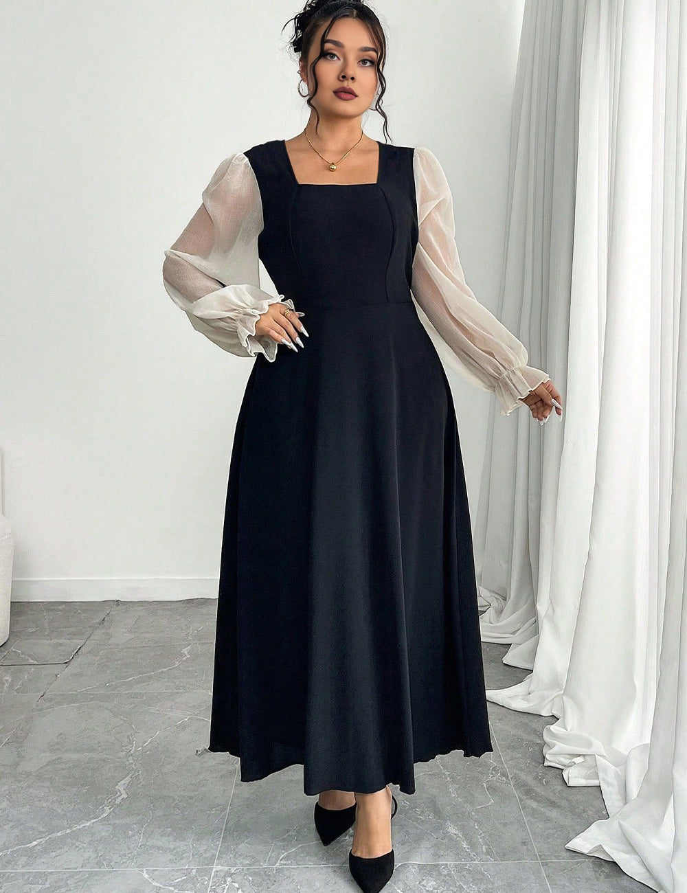 Women Plus Size Black Square Neck Sheer Sleeve Maxi Dress