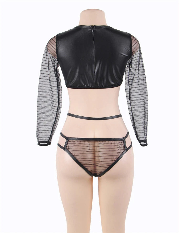 Women Plus Size Black Striped Lace Sexy Long Sleeve Bra Set-6