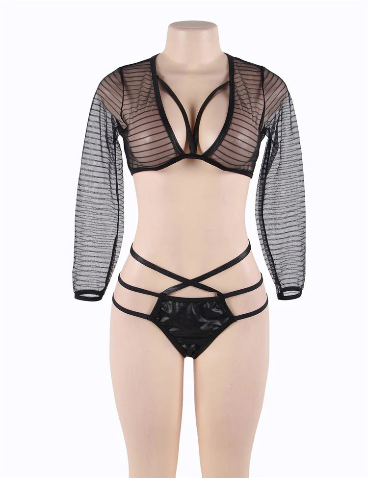 Women Plus Size Black Striped Lace Sexy Long Sleeve Bra Set-7
