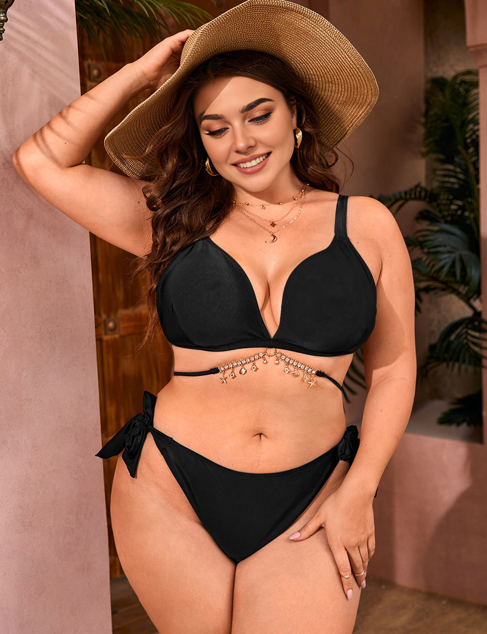 Women Plus Size Black Two Piece Swimsuit Chain Bikini Set