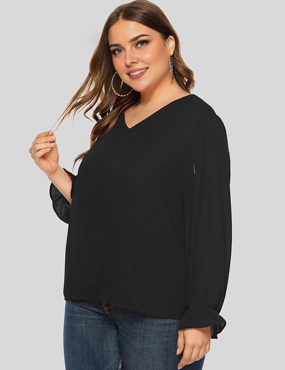 Women Plus Size Black V-Neck Split Sleeve Chiffon Blouse