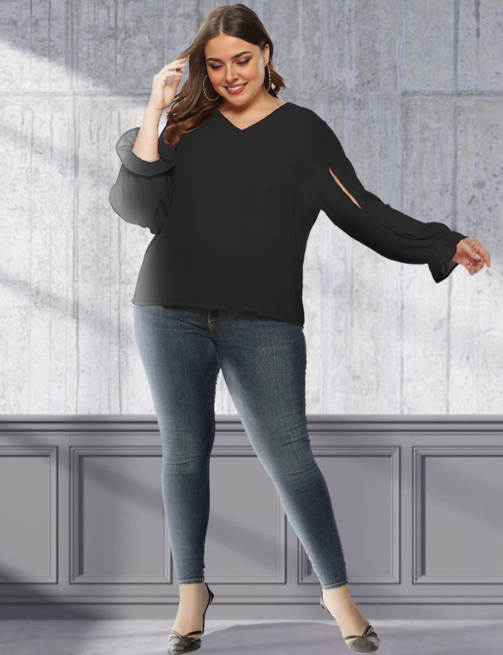 Women Plus Size Black V-Neck Split Sleeve Chiffon Blouse