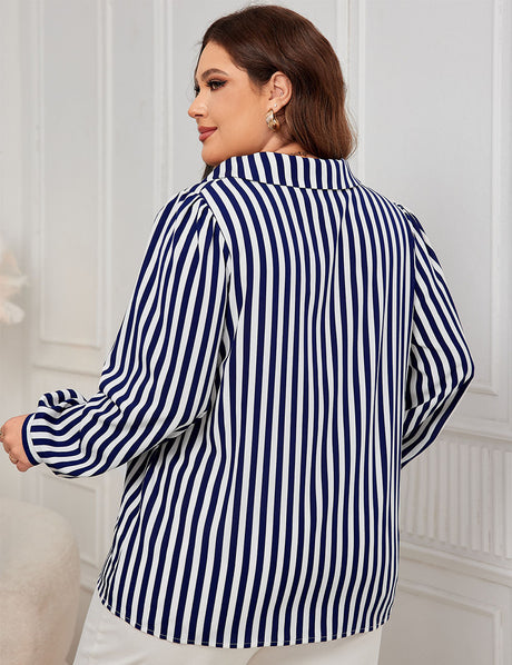 Women Plus Size Blue And White Striped V-Neck Long-Sleeved Shirt | PRUSES-1