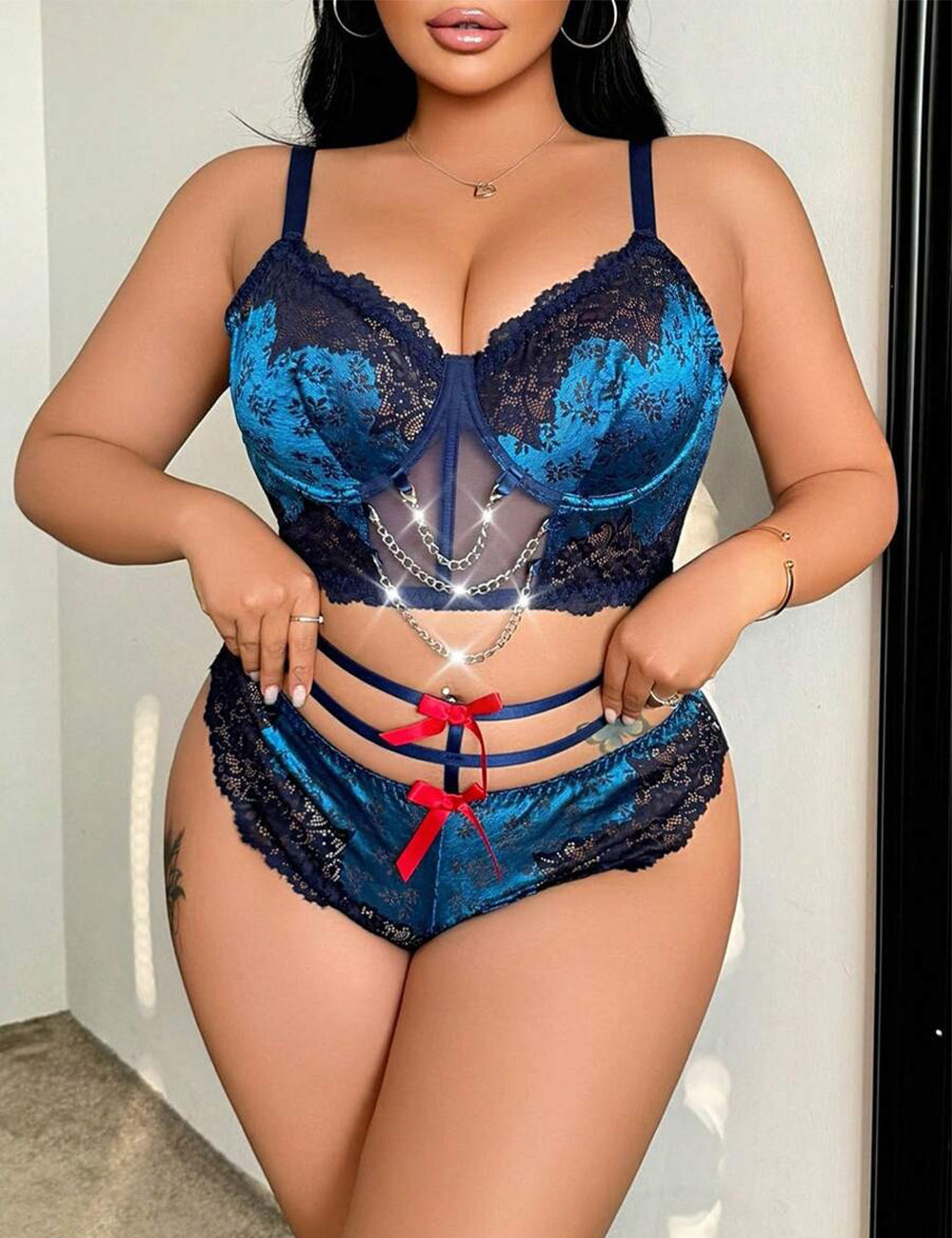 Women Plus Size Blue Chain Patchwork Lace Bra and Panty Set
