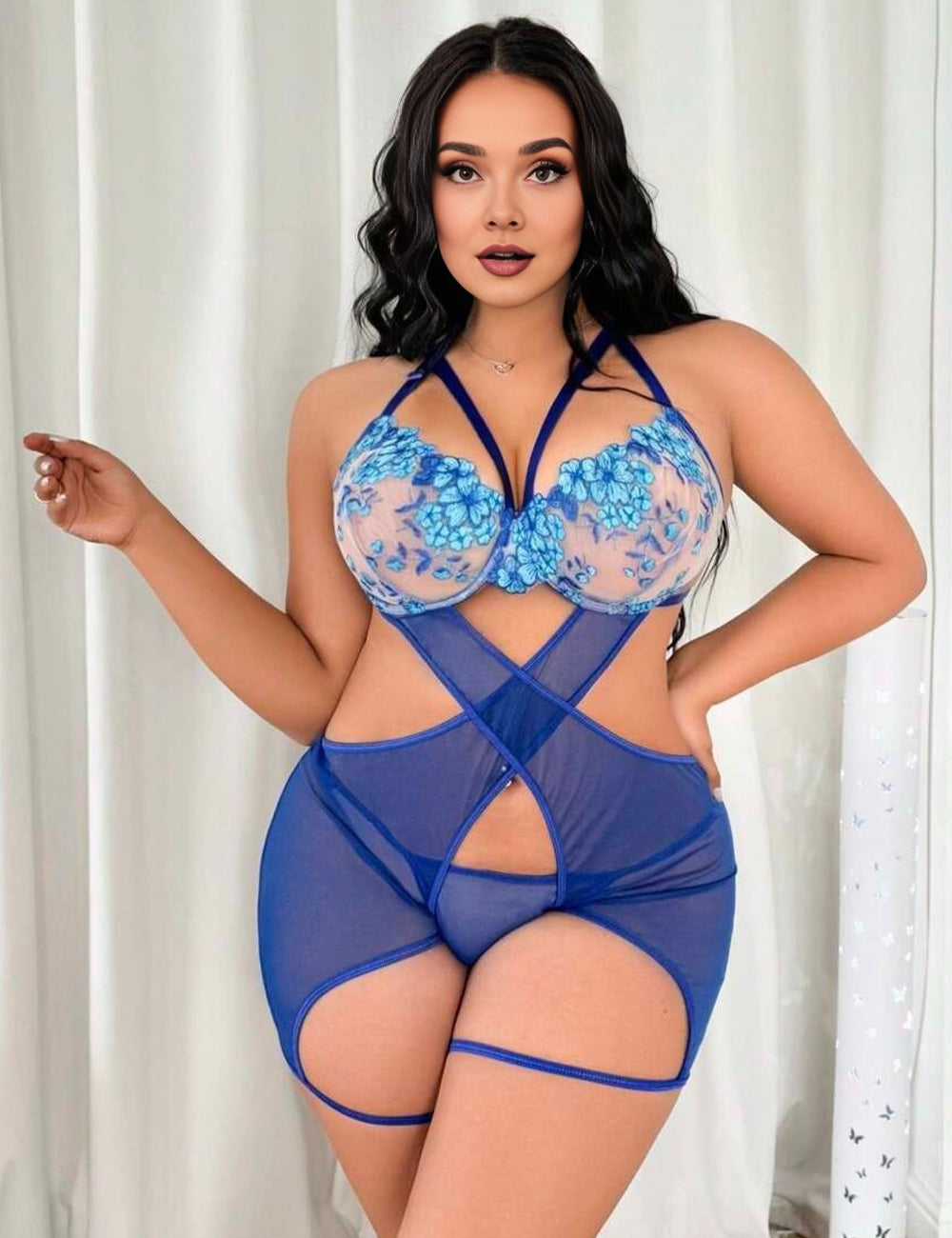 Women Plus Size Blue Floral Embroidered Sheer Mesh Teddy Lingerie
