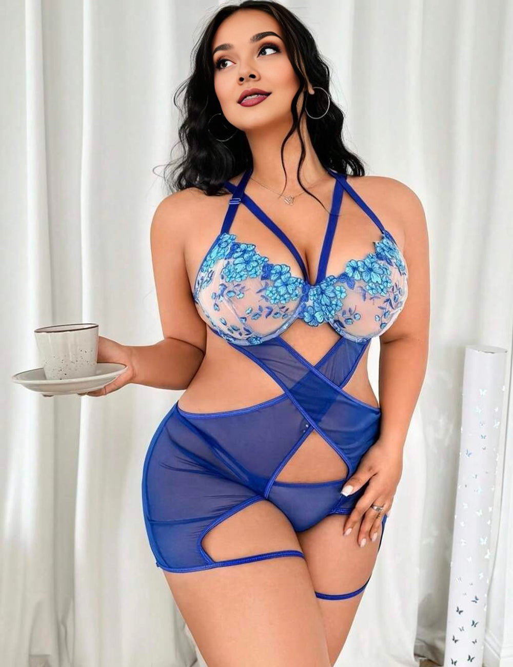 Women Plus Size Blue Floral Embroidered Sheer Mesh Teddy Lingerie