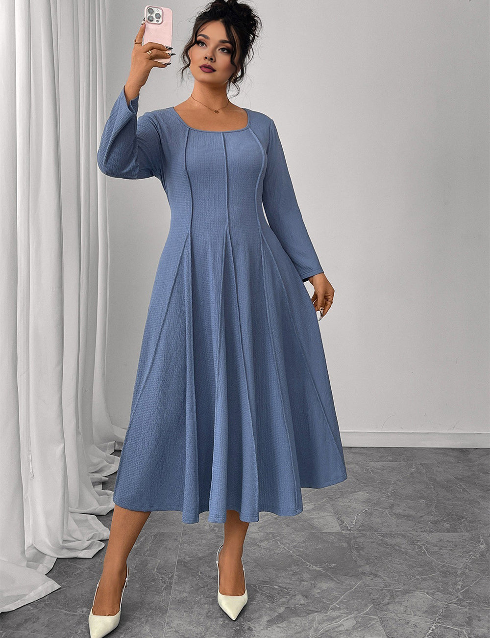 Women Plus Size Blue Pintuck Seam A-Line Dress