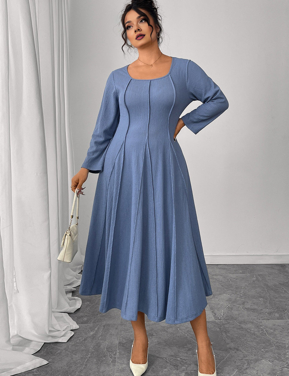 Women Plus Size Blue Pintuck Seam A-Line Dress