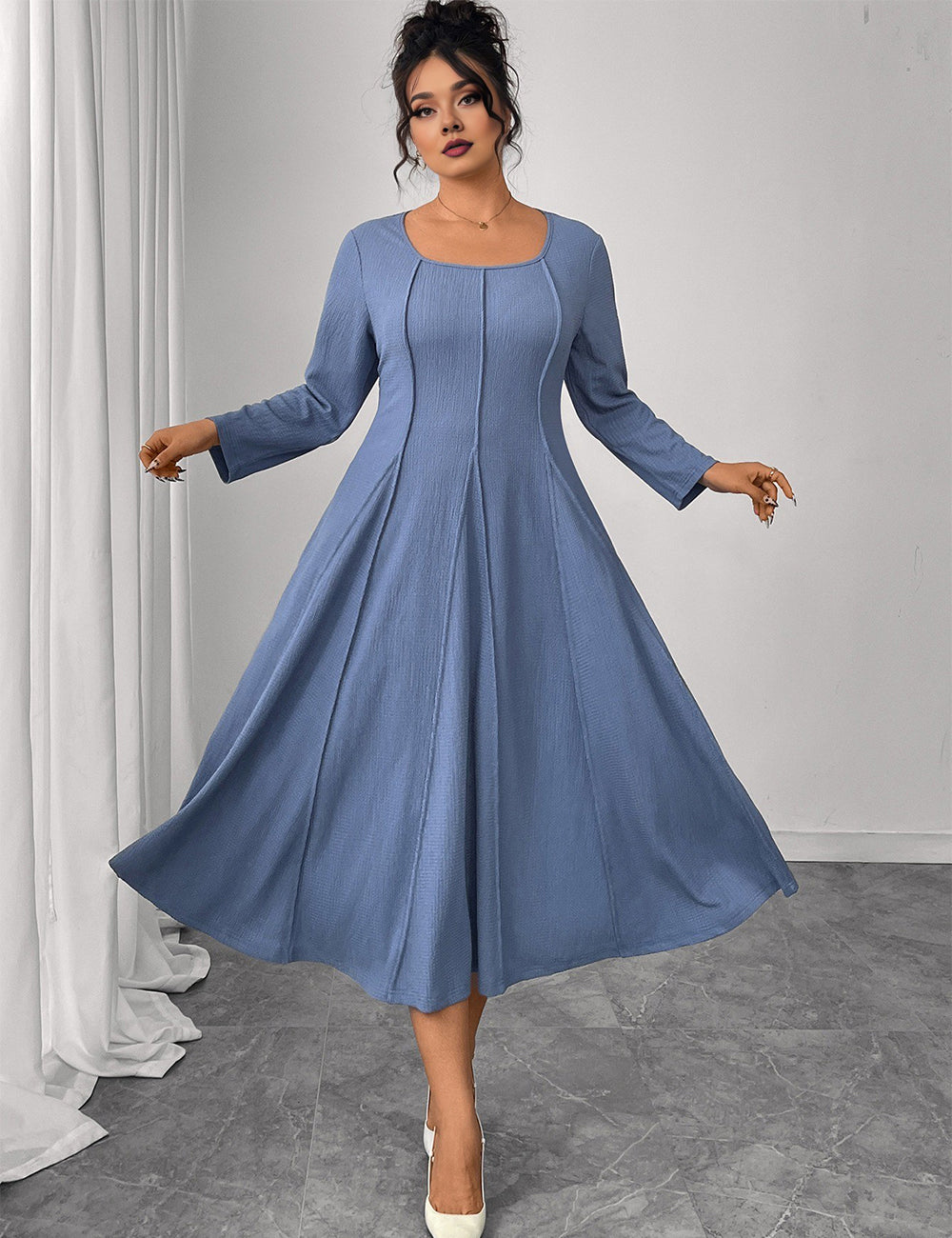Women Plus Size Blue Pintuck Seam A-Line Dress