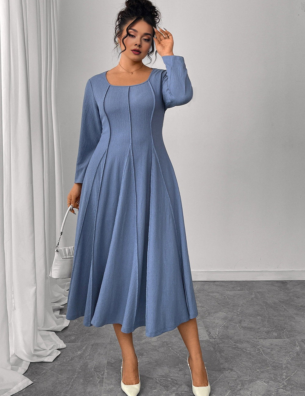 Women Plus Size Blue Pintuck Seam A-Line Dress