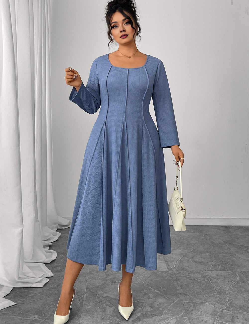 Women Plus Size Blue Pintuck Seam A-Line Dress