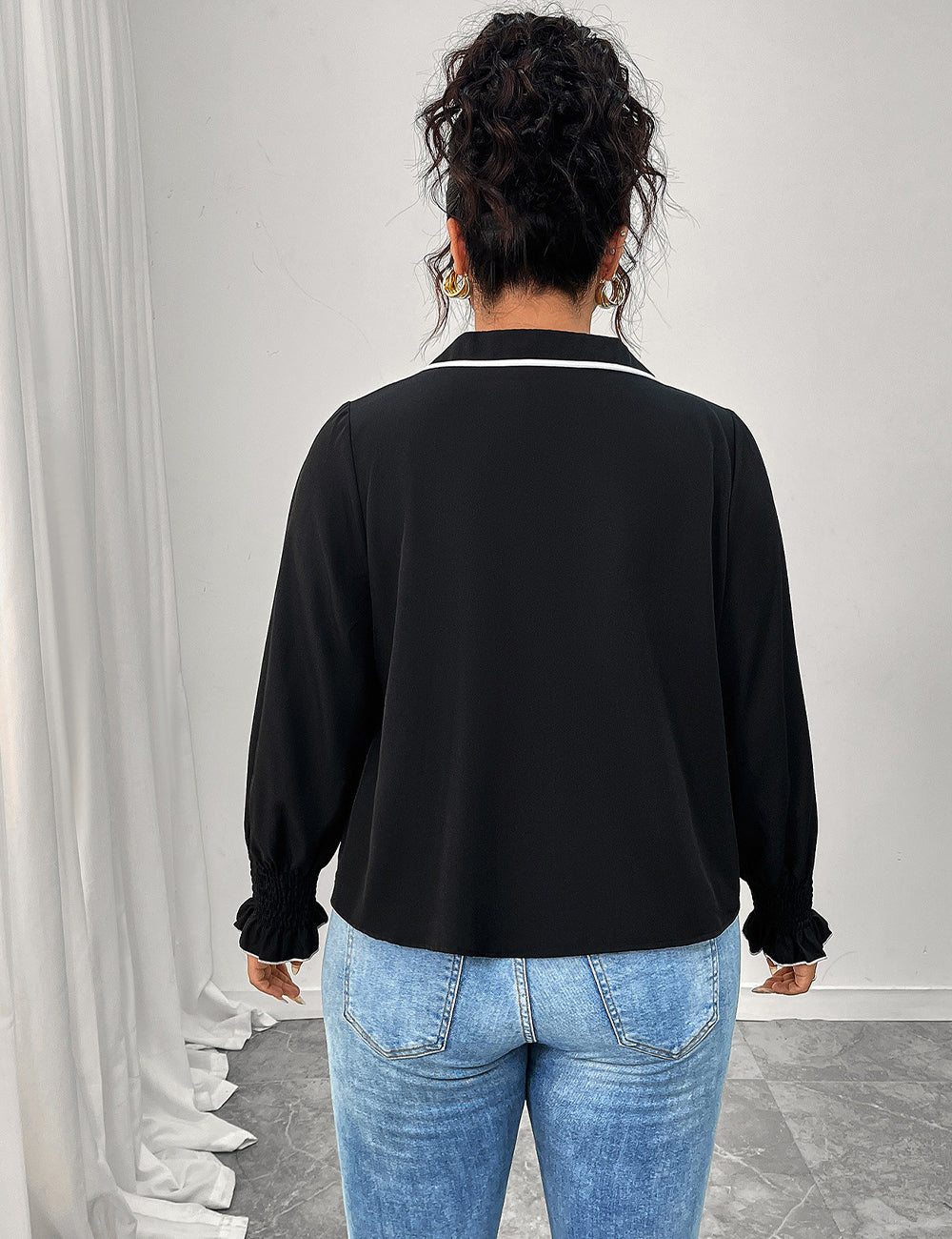 Women Plus Size Bow Decor Ruffle Hem Long Sleeve Shirt