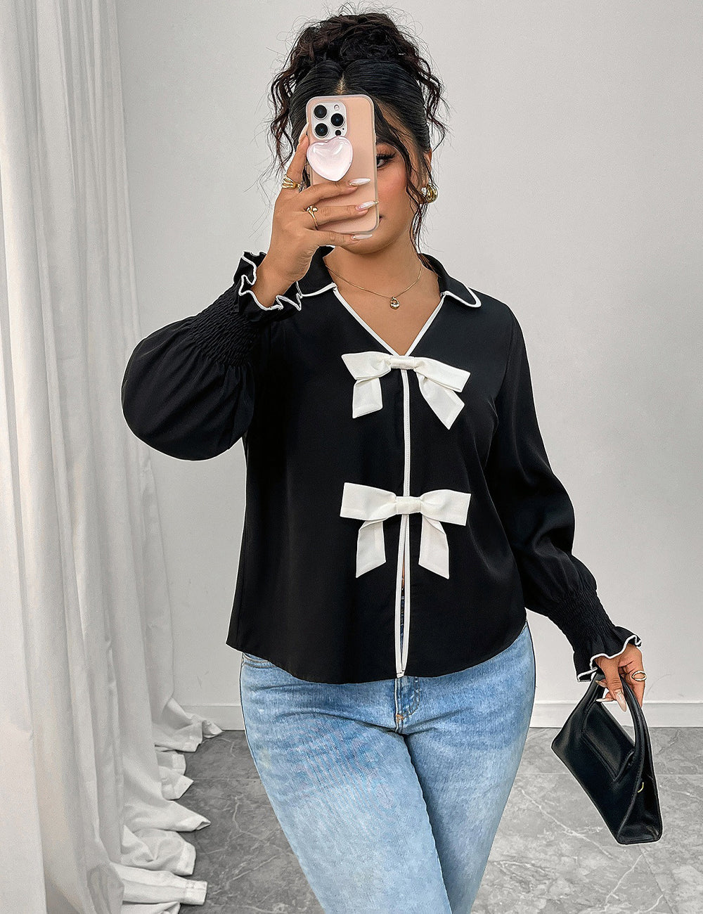 Women Plus Size Bow Decor Ruffle Hem Long Sleeve Shirt