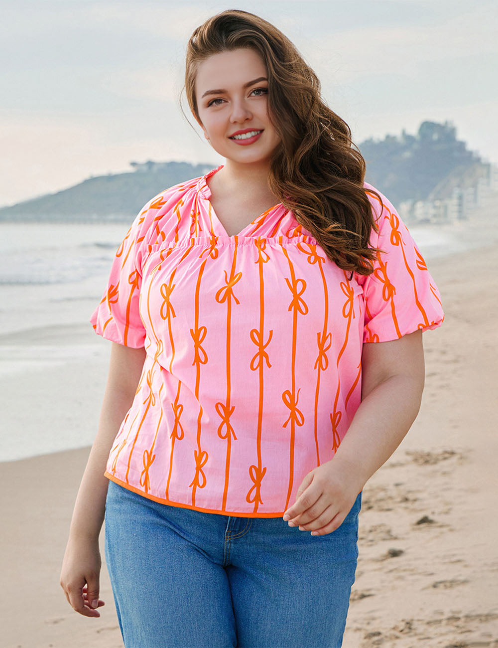 Women_Plus_Size_Bowknot_Print_V_Neck_Puff_Sleeve_Blouse_PRUSES_1