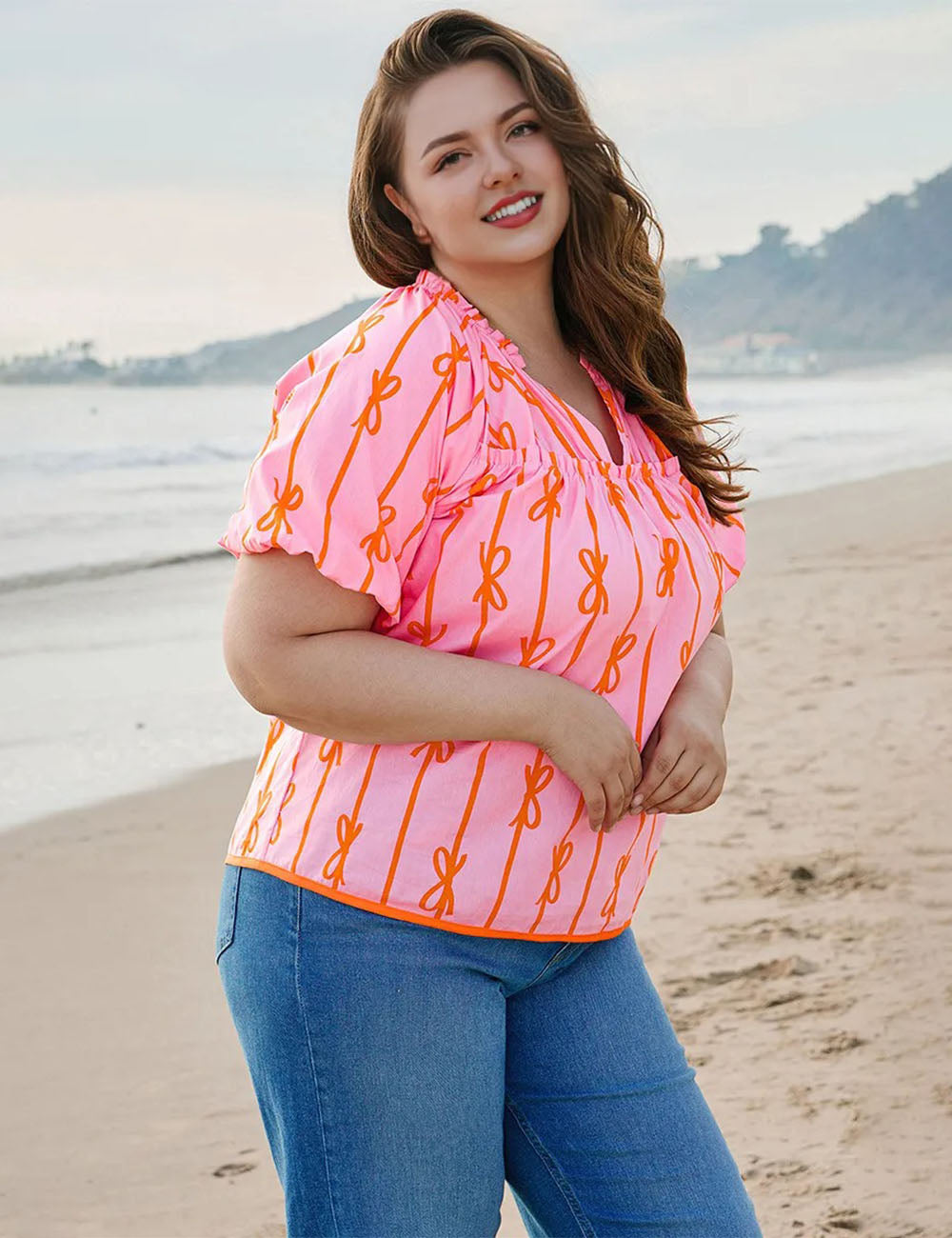 Women_Plus_Size_Bowknot_Print_V_Neck_Puff_Sleeve_Blouse_PRUSES_10