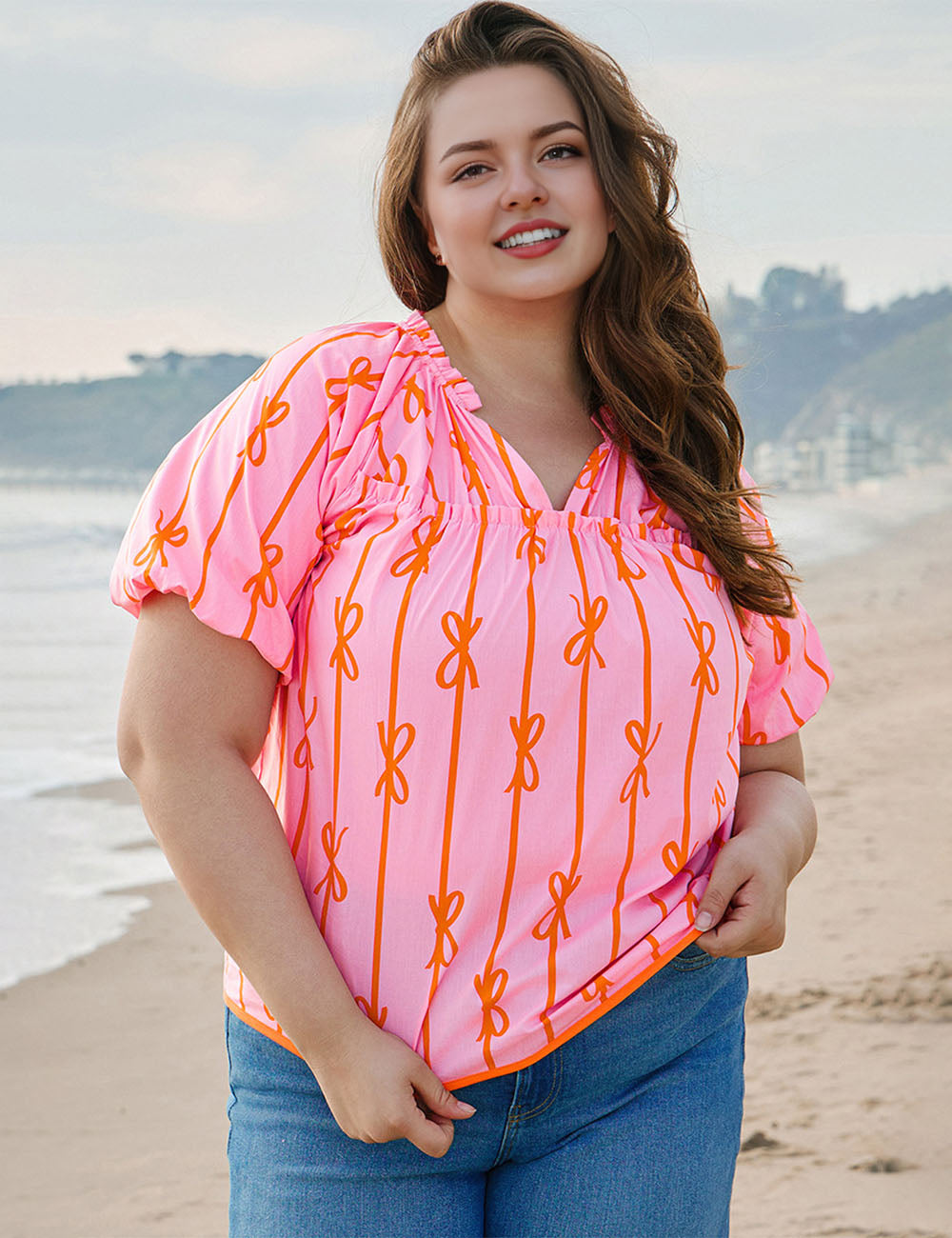 Women_Plus_Size_Bowknot_Print_V_Neck_Puff_Sleeve_Blouse_PRUSES_7