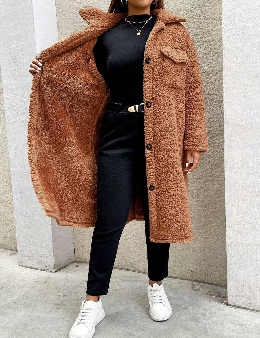 Women Plus Size Brown Fluffy Teddy Coat