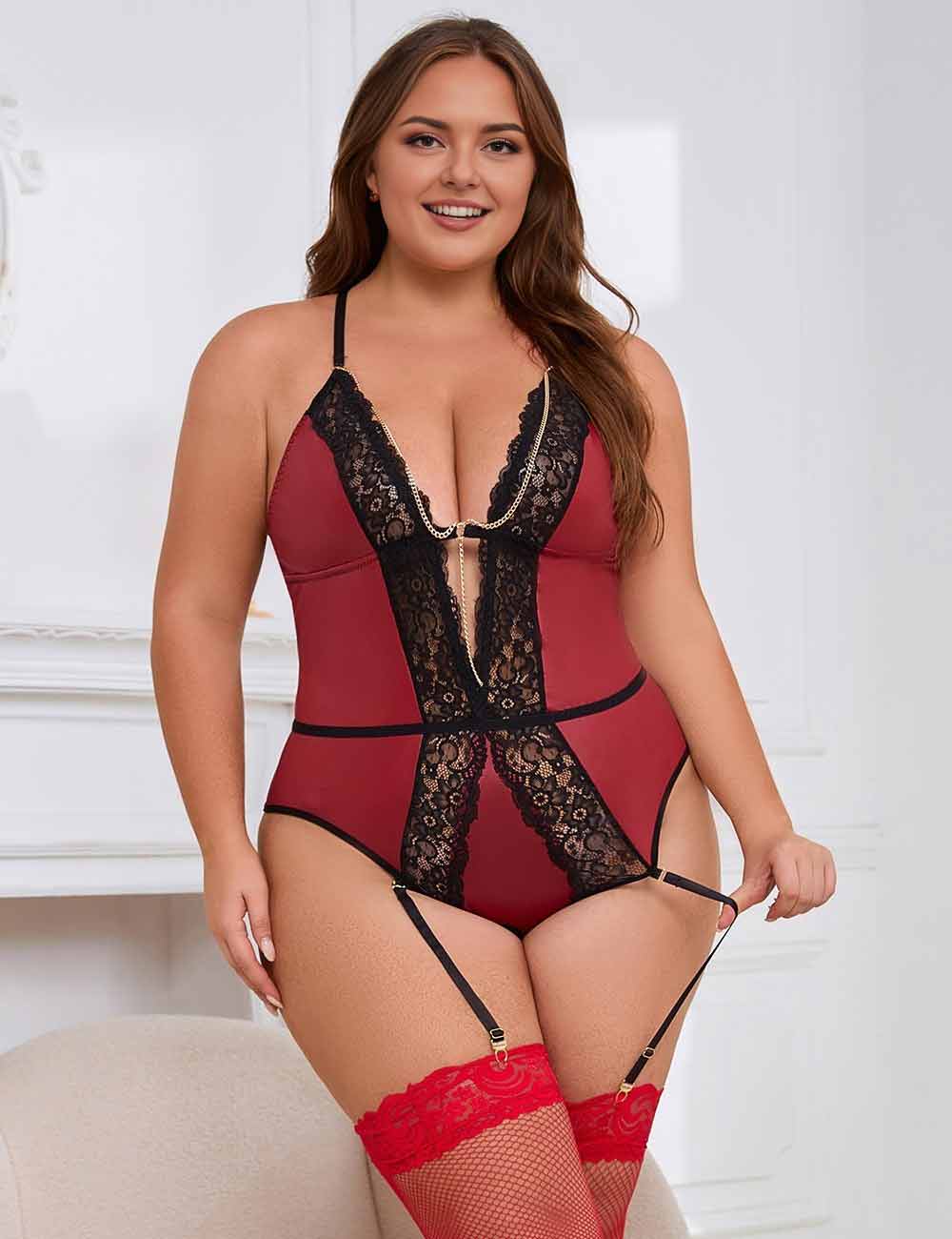 Women Plus Size Burgundy Faux Leather Deep V Neck Teddy