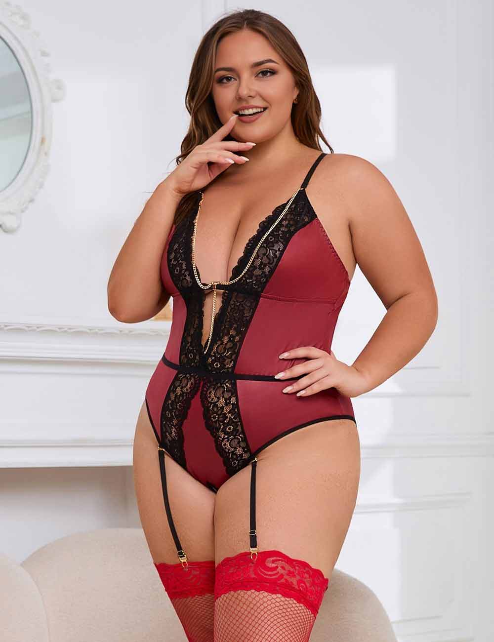 Women Plus Size Burgundy Faux Leather Deep V Neck Teddy