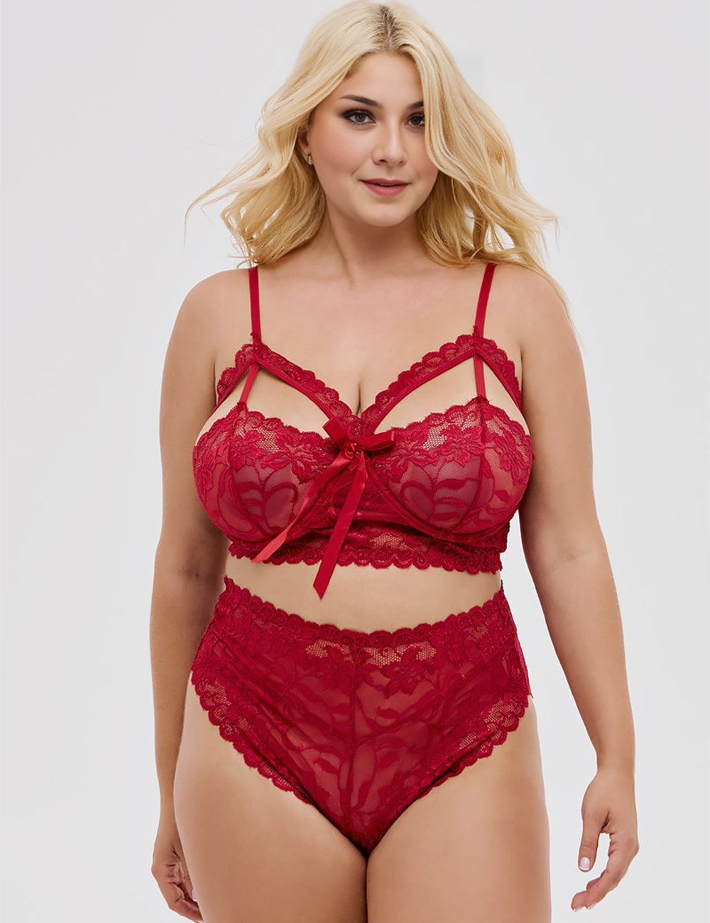Women Plus Size Burgundy Lace Bra Set